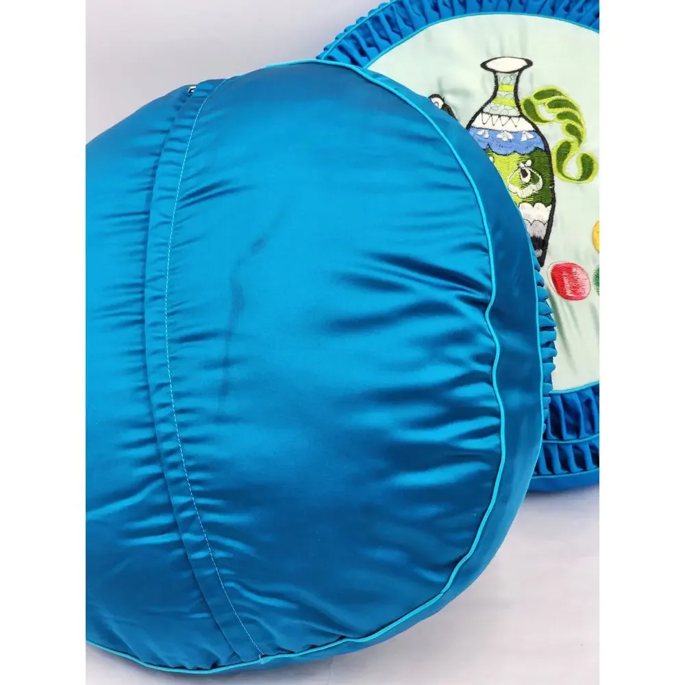 Asian Throw Pillows Pair Embroidered Blue Satin Round Decorative Tea Time
